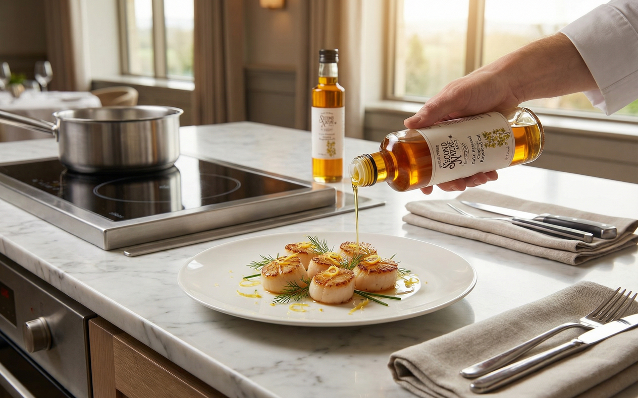 Chef pouring Second Nature oil on gourmet dish